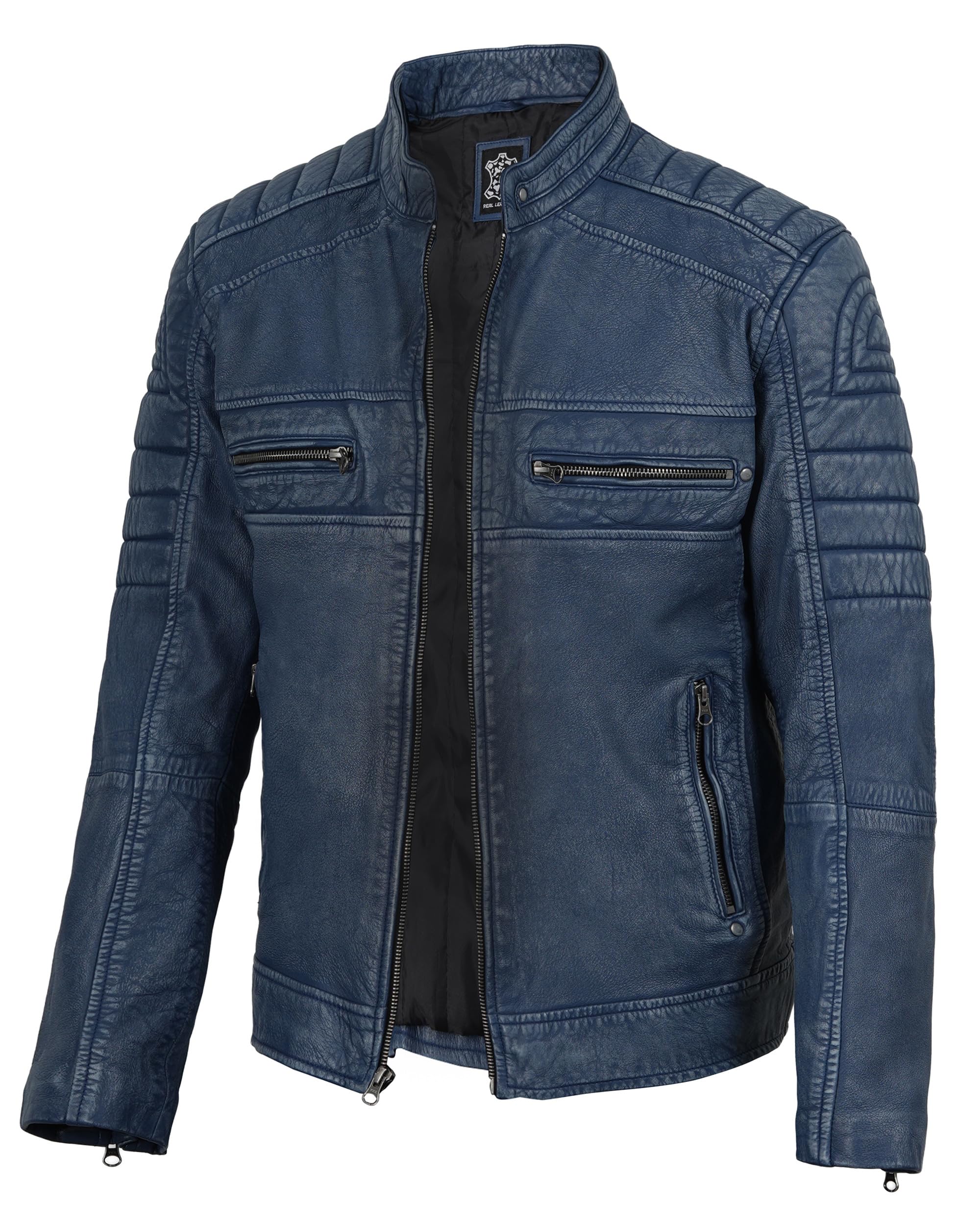 fjackets Cafe Racer Leather Jacket Men - Real Lambskin Moto Style, Stand Collar 