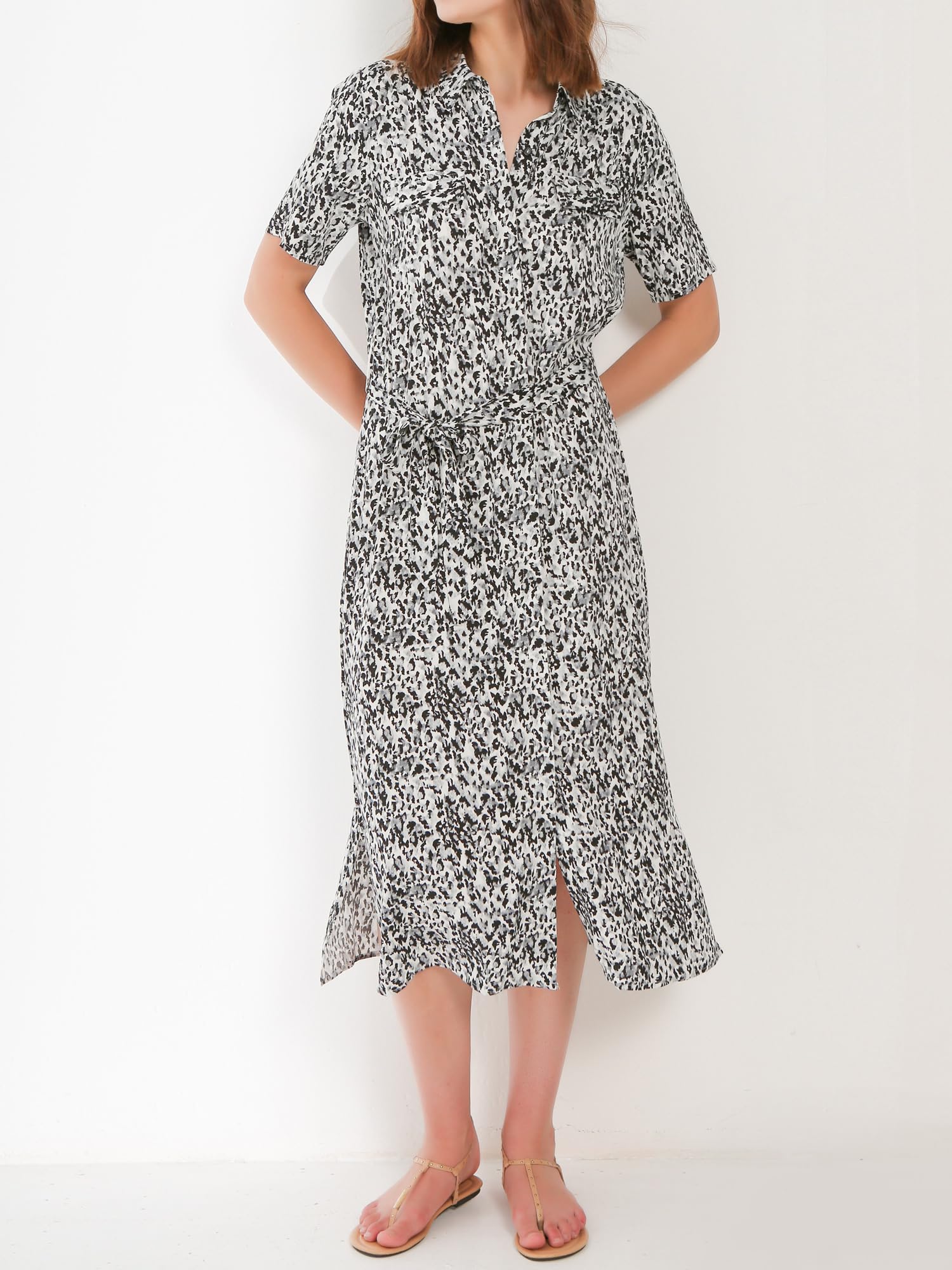 Women's Short Sleeves Printed Button Down Shirt Dress with Belt