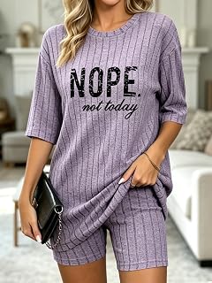 Women Lounge Set with Short Sleeve Top and Shorts, 2 Piece Ribbed Letter Print Pajama Set, Sleepwear for Home and Travel