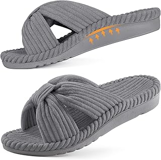 Litfun Orthopaedic Slippers with Arch Support for Women, Comfortable Open Toe, Corduroy Cross Bow Home Slippers, Fasciitis Bedroom Shoes