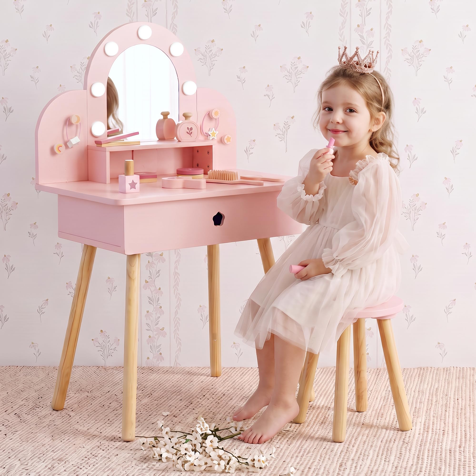 Kids Vanity Table and Chair Set with 3-Color Lighted Mirror, 11 Accessories | Pi