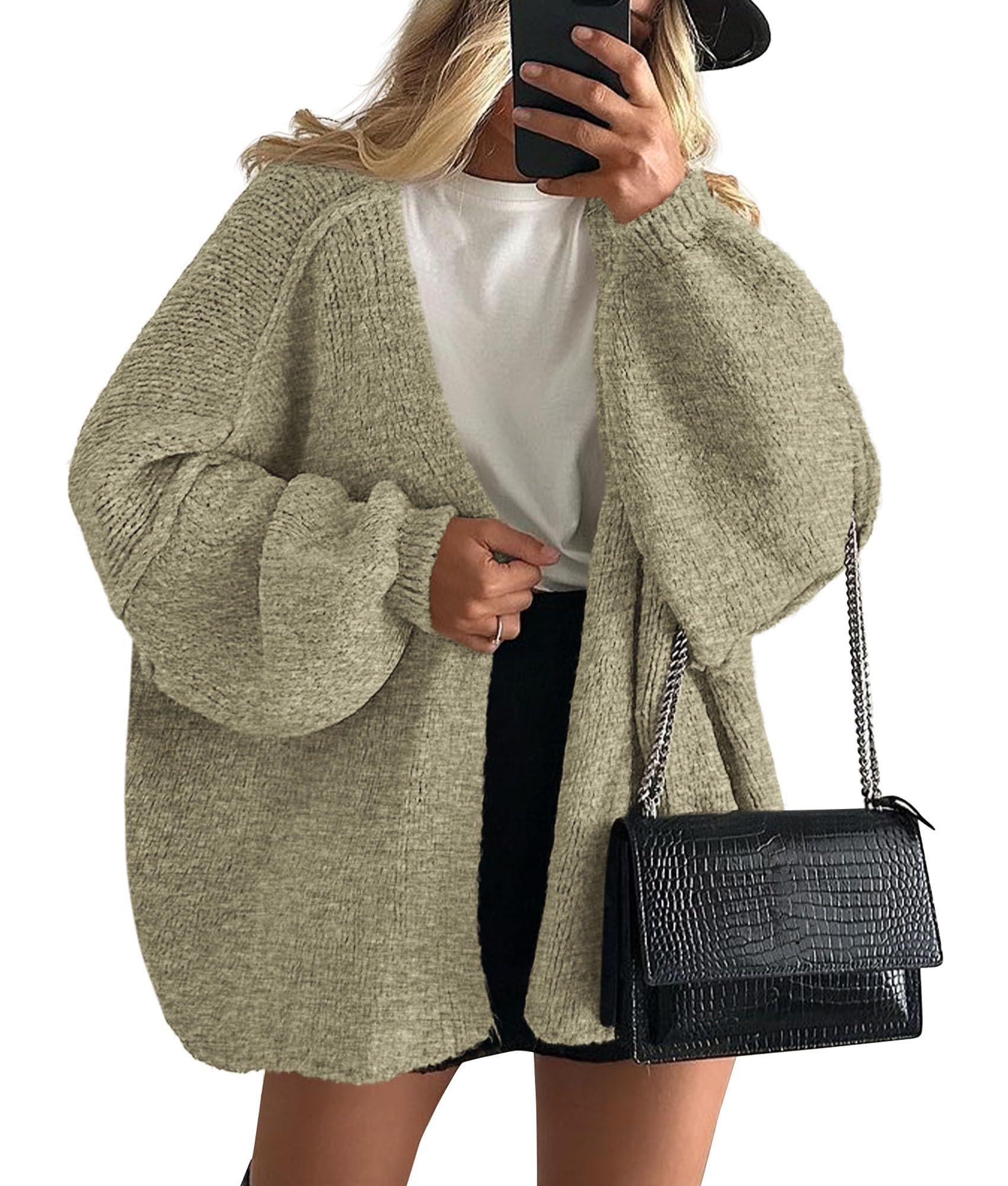PRETTYGARDEN Oversized Cardigan Sweaters for Women Fall Long Lantern Sleeve Ligh