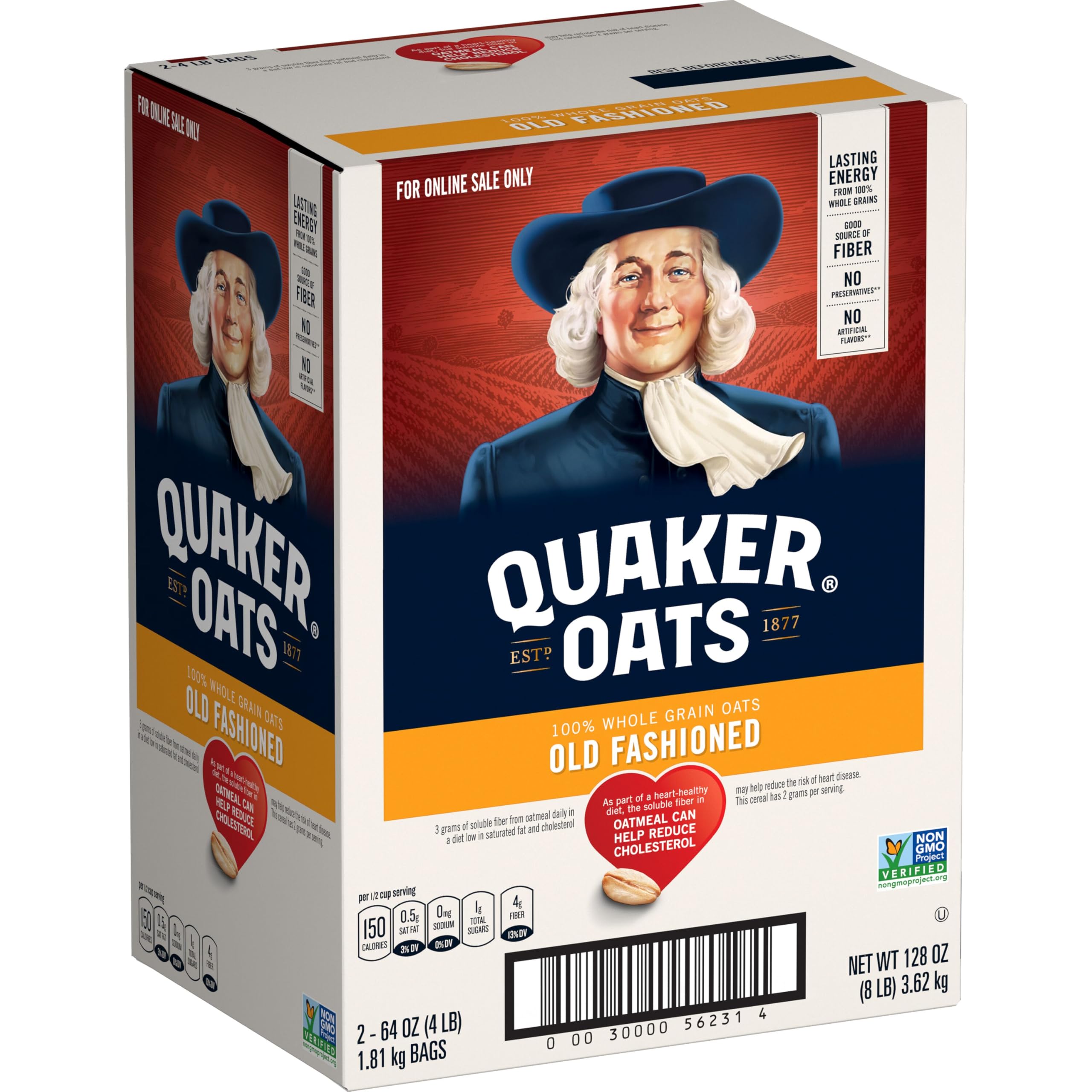 Quaker Old Fashioned Rolled Oats, Non GMO Project Verified, Two 64oz Bags in Box