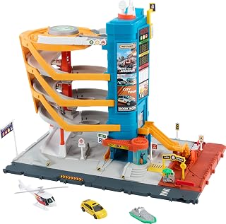 Matchbox Transportation Center with Taxi, Boat & Helicopter | Includes 1:64 Scale Toy Vehicles & Food Vendor Accessory, Playset has 5 Levels with Kid- & Car-Activated Features