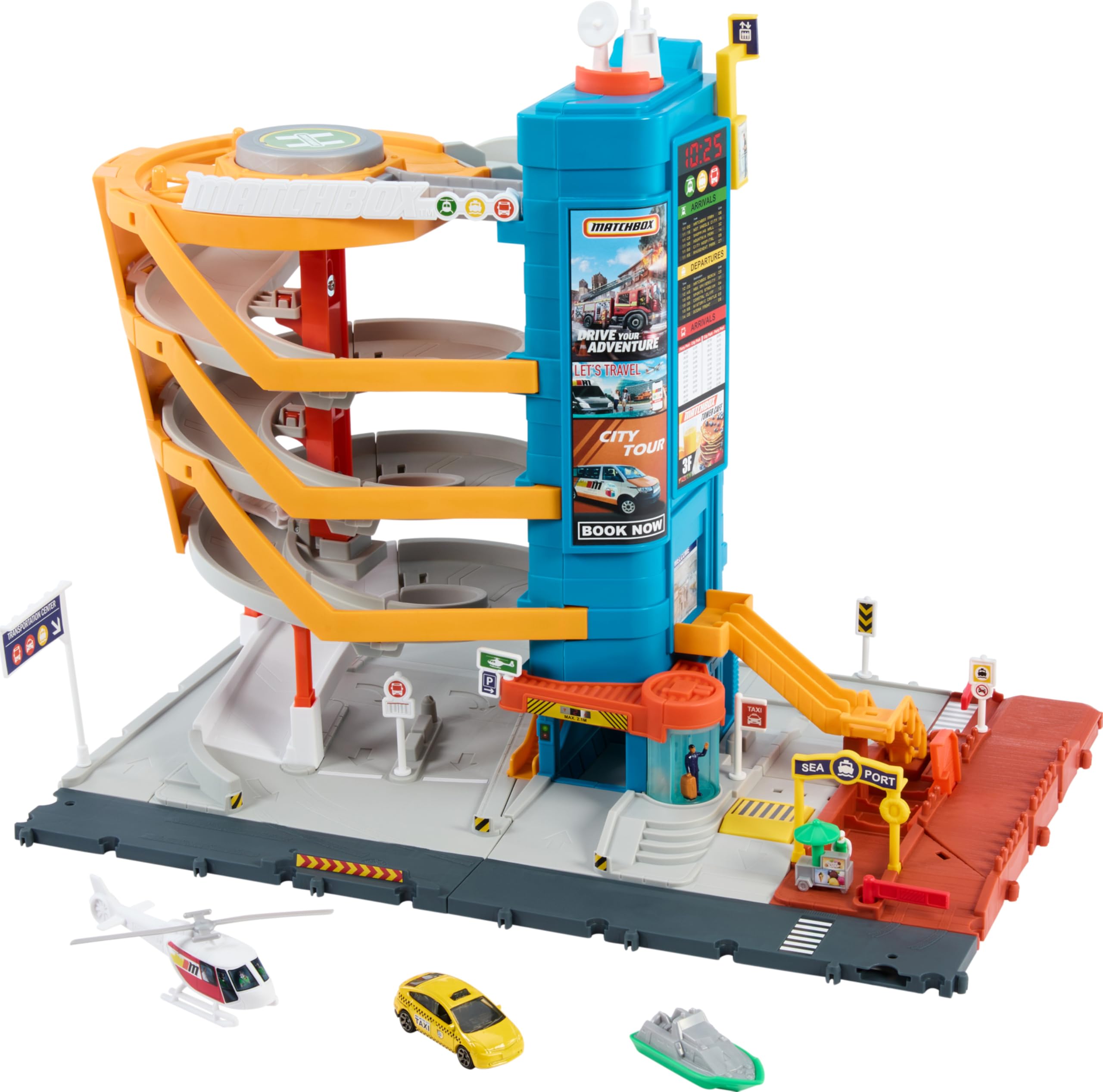 Matchbox Transportation Center with Taxi, Boat & Helicopter | Includes 1:64 Scal
