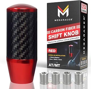 JDM Style Carbon Fiber Weighted Shift Knob for Gear Stick Shifter, Red | 5 6 Speed Manual &amp; Buttonless Automatic Transmission, 4 Metal Adapters, M8, M10x1.25/1.5, M12x1.25, Aluminum Car Accessories