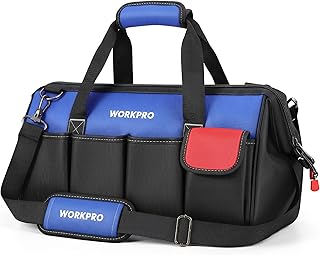 WORKPRO 18-inch Heavy-Duty Tool Bag 45x20x26.5 CM | Large Storage, Multi-Pocket Wide-open Organisation, Waterproof Base, Adjustable Shoulder Strap