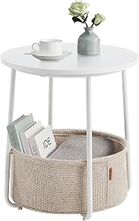 VASAGLE Side Table, Round End Table with Fabric Basket | Contemporary Style, for Living Room Bedroom, Matte White and Tan, LILEA Collection LET223W10