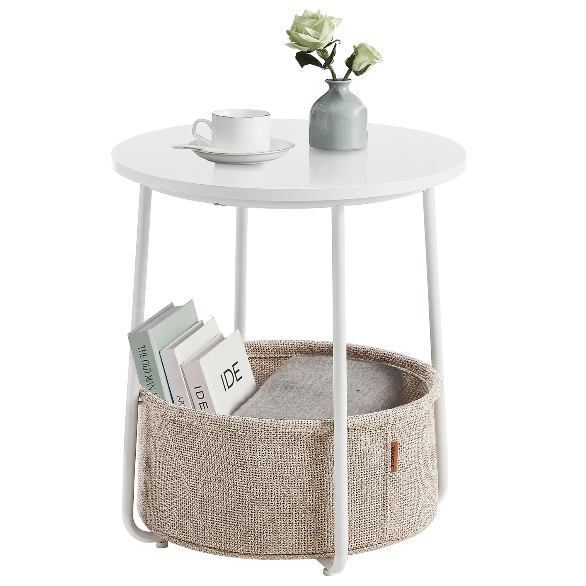 VASAGLE Side Table, Round End Table with Fabric Basket | Contemporary Style, for