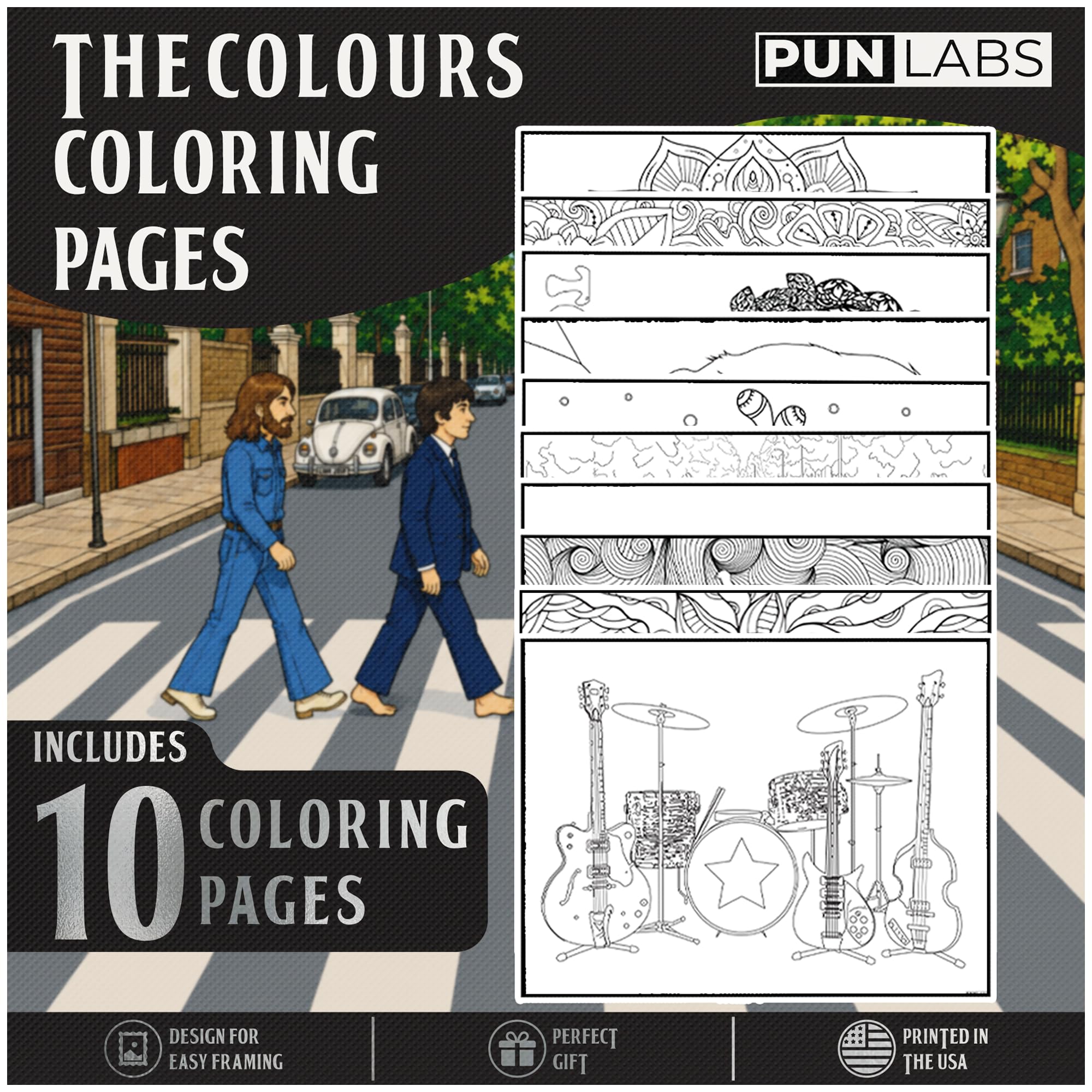 Pun Labs Beatles-Inspired Coloring Pages - 10 Heavy Cardstock Sheets | 10 Illust
