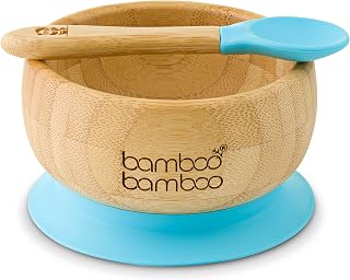 Baby Bowls - Bamboo Suction Weaning Bowl & Spoon Set, Stays Put (Blue)