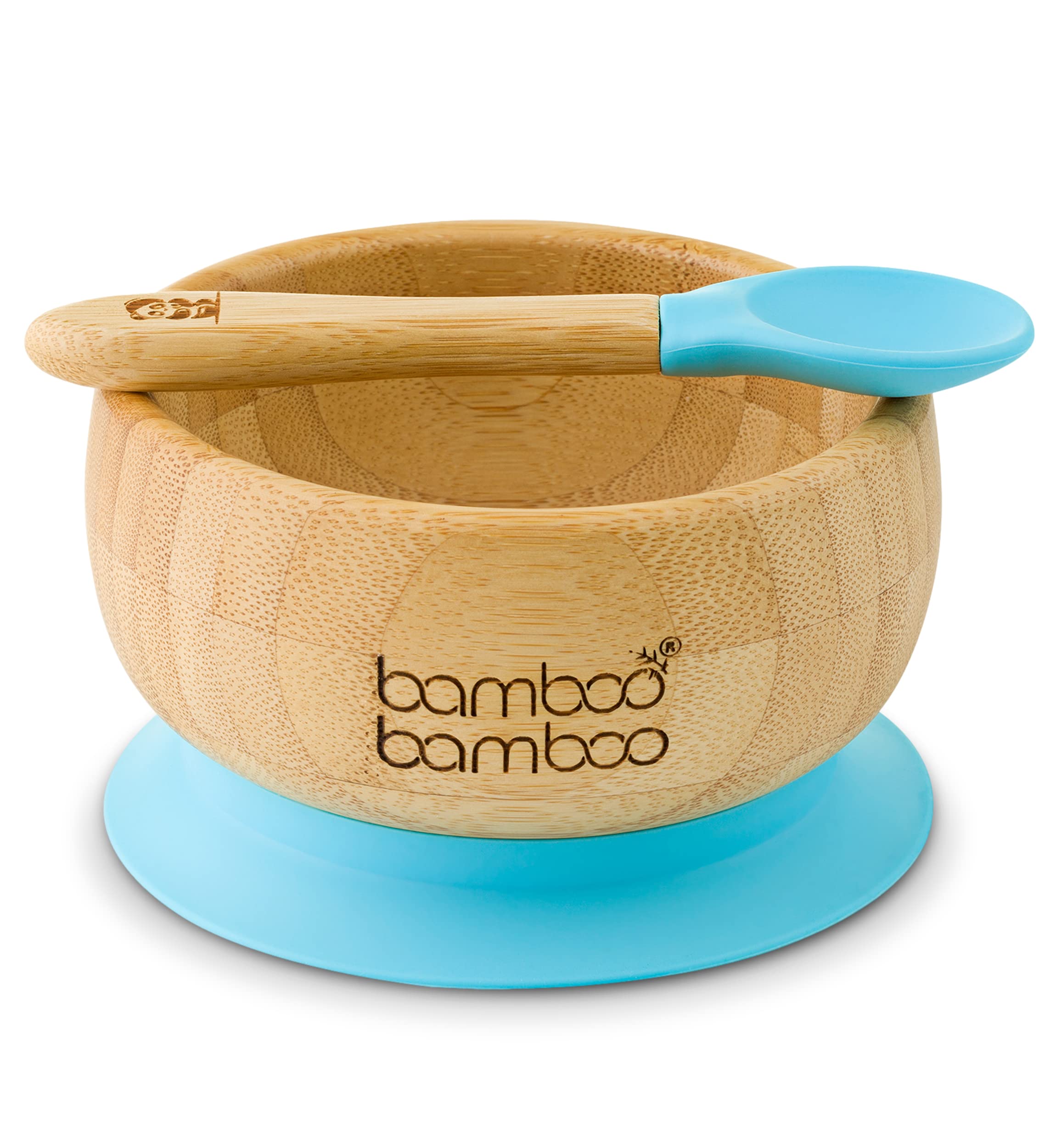 Baby Bowls - Bamboo Suction Weaning Bowl & Spoon Set, Stays Put (Blue)