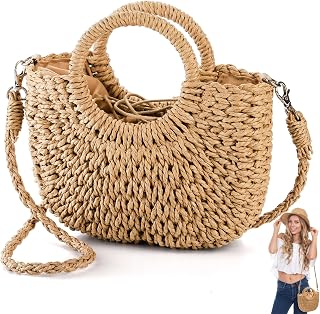 Noamus Women Straw Handbag, Mini Summer Beach Rattan Tote Bag, Woven Semi-circle Clutch Bag Handmade Purse, Small Crossbody Crochet Handbag with Top Handle for Travel Vacation