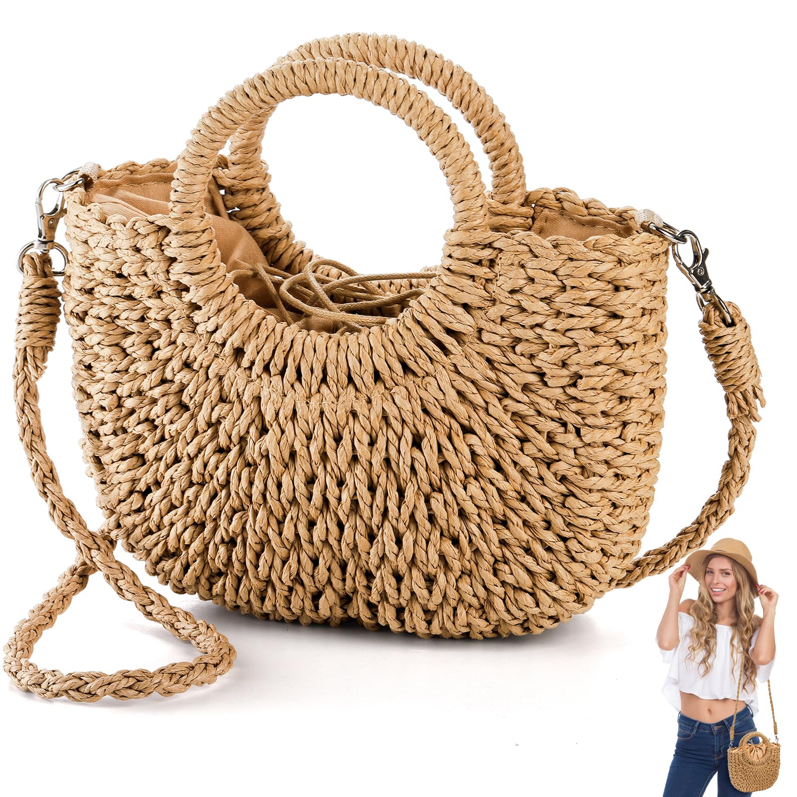 Noamus Women Straw Handbag, Mini Summer Beach Rattan Tote Bag, Woven Semi-circle
