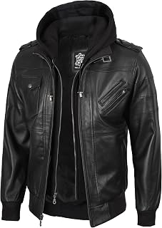 fjackets Hooded Leather Jacket Men - Real Lambskin Bomber with Detachable Hood, Mens Leather Bomber Jacket Stand Collar