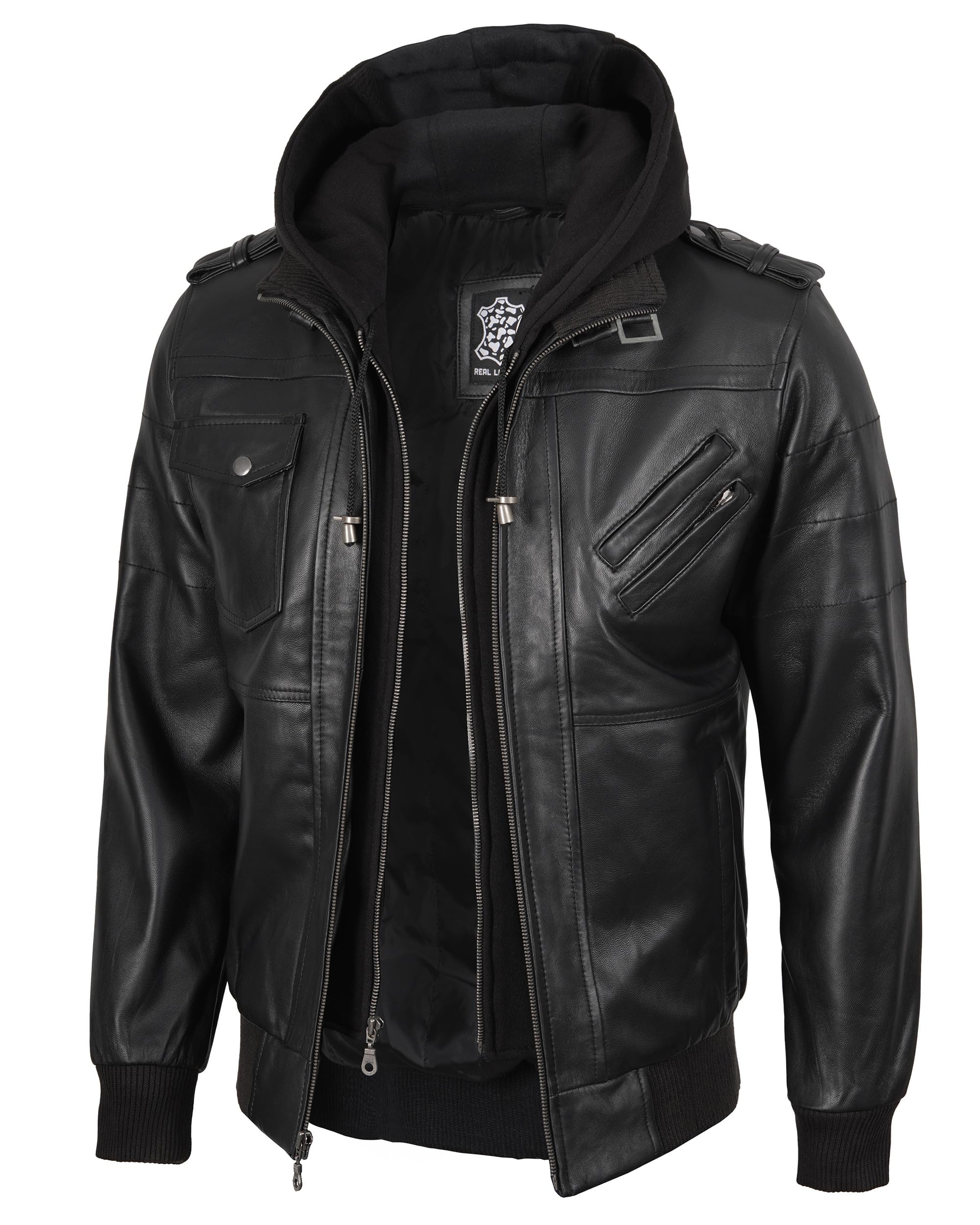 fjackets Hooded Leather Jacket Men - Real Lambskin Bomber with Detachable Hood, 