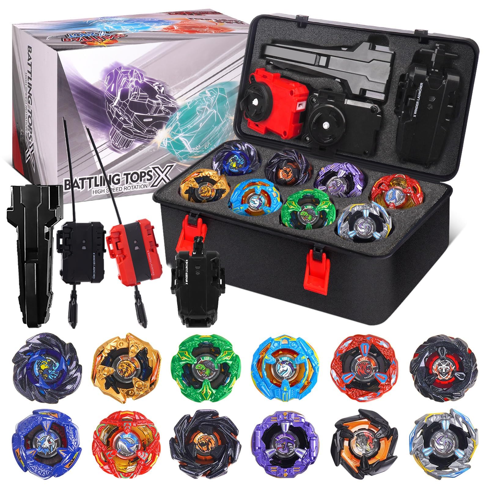 BGOVTAPO X Battling Tops Set, 12 Spinning Tops, 3 Launchers, 1 Grip & 1 Box | Po