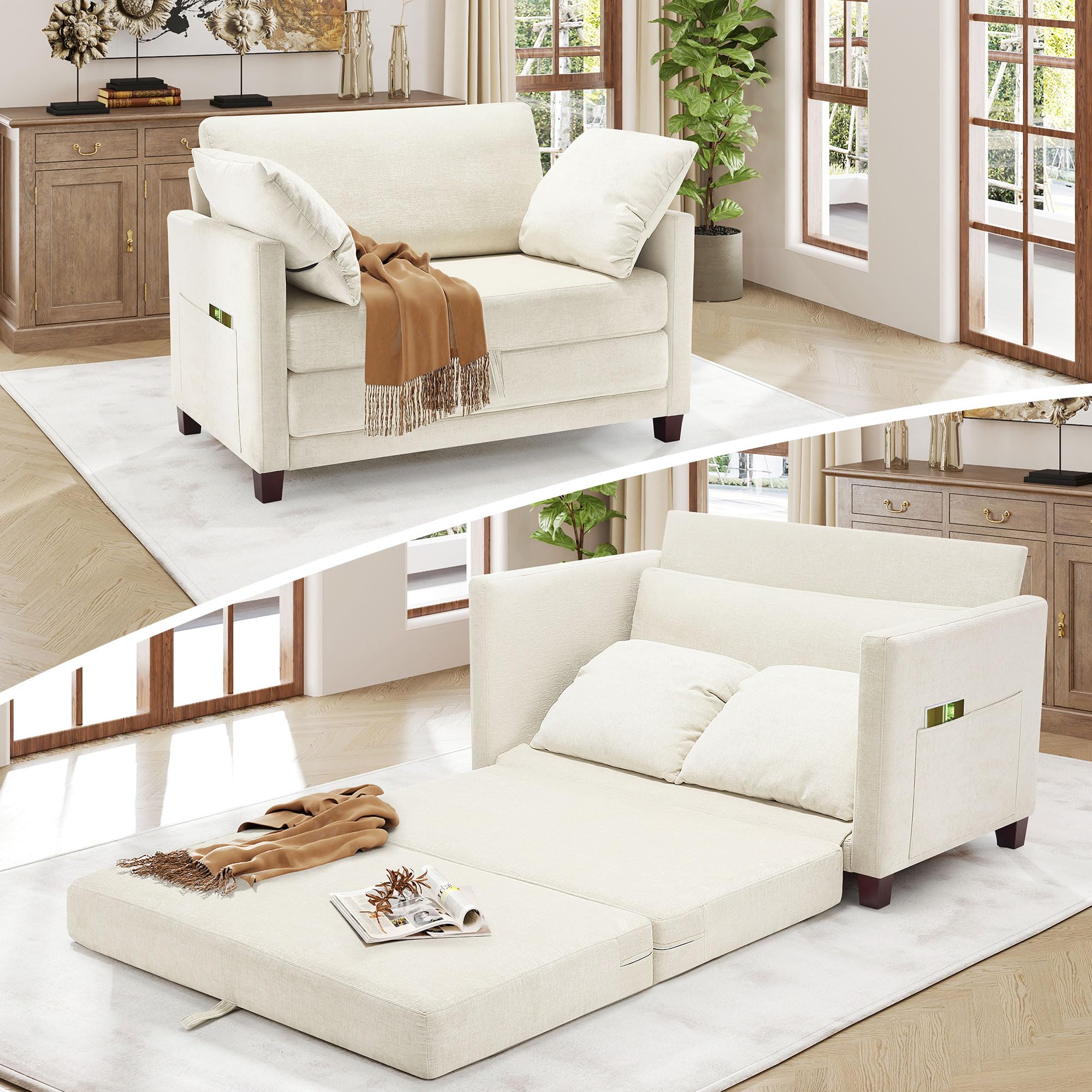 51" Loveseat Sleeper Sofa Bed, Chenille Convertible Floor Sofa Bed for Small Spa