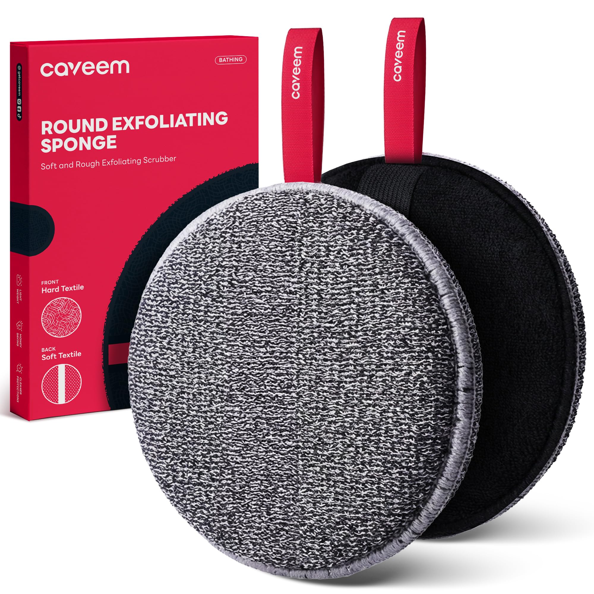 CAVEEM Exfoliating Body Scrubber, Shower Scrubber for Body, 2 Pack, Round