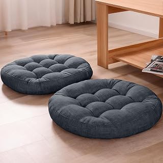 Chair Cushion HOSUR 2-Piece Set Floor Cushion Solid Linen-Style Round with Cover for Chair and Floor Use Comfortable Seating Anti-Slip Stylish Cute Nordic Simple Chair Use for Japanese-Style Room