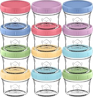 KeaBabies 12pk 4oz Glass Baby Food Containers with Lids, BPA-Free, Nord | Microwavable Leak-Proof, Small Glass Jars, Baby Purees, Toddler Snack Storage Containers, Dishwasher-safe, Freezer Safe