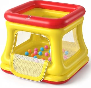 QPAU 3-in-1 Inflatable Bounce House with Pump for Toddlers 1-3 | Ball Pit & Trampoline, Safety Net, Indoor & Outdoor Bubble Bouncer, Red & Yellow