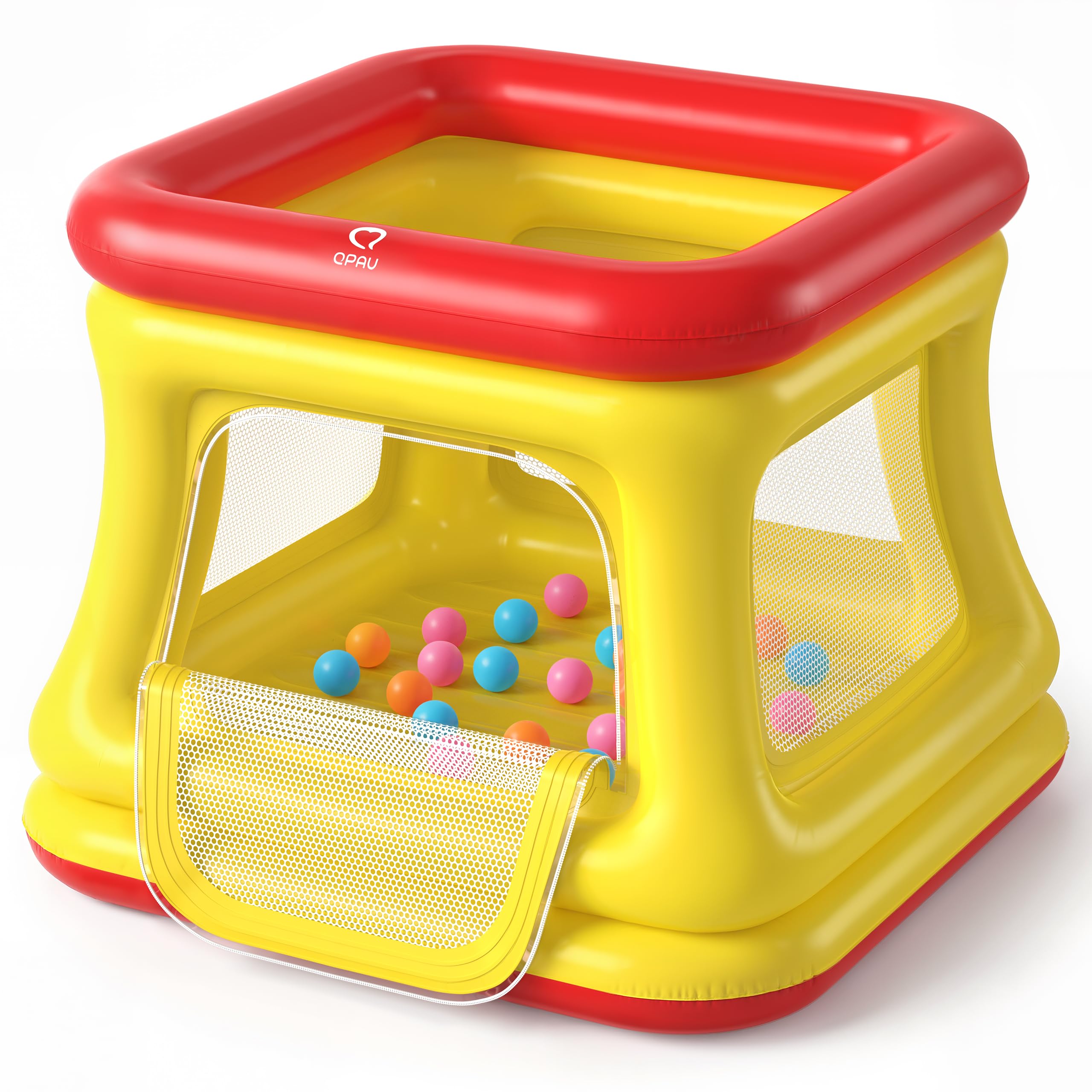 QPAU 3-in-1 Inflatable Bounce House with Pump for Toddlers 1-3 | Ball Pit & Tram