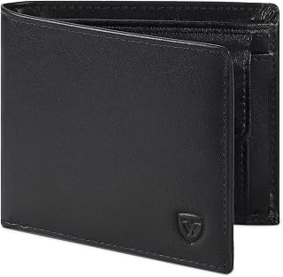 WONSEFOO Men's Leather Wallet with RFID Protection, Slim Wallet with 9 Card Slots, Men's Small Wallet with Coin Compartment, Black