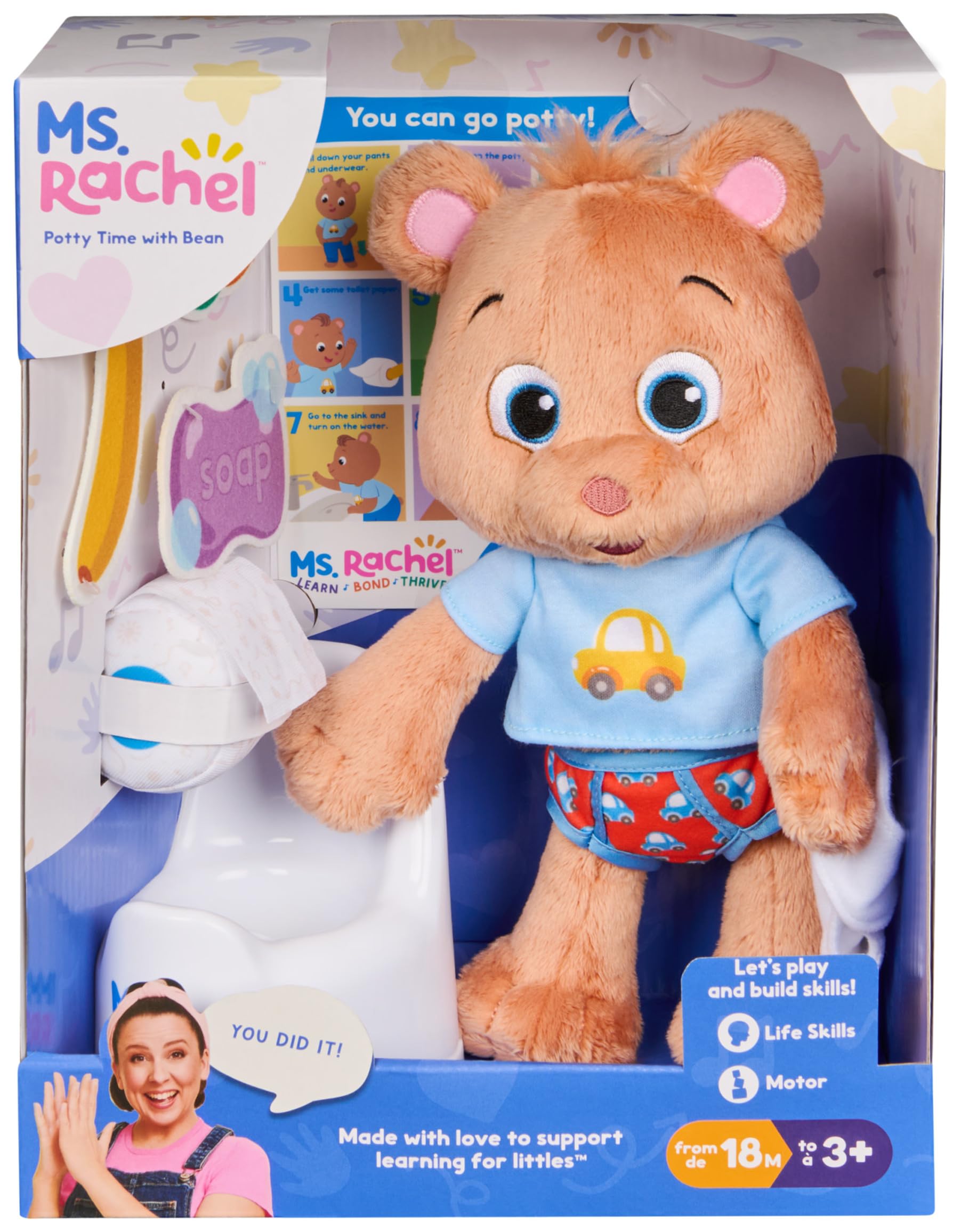Ms. Rachel Official Potty Time with Bean, 11” Plush Teddy Bear with Play Toilet 