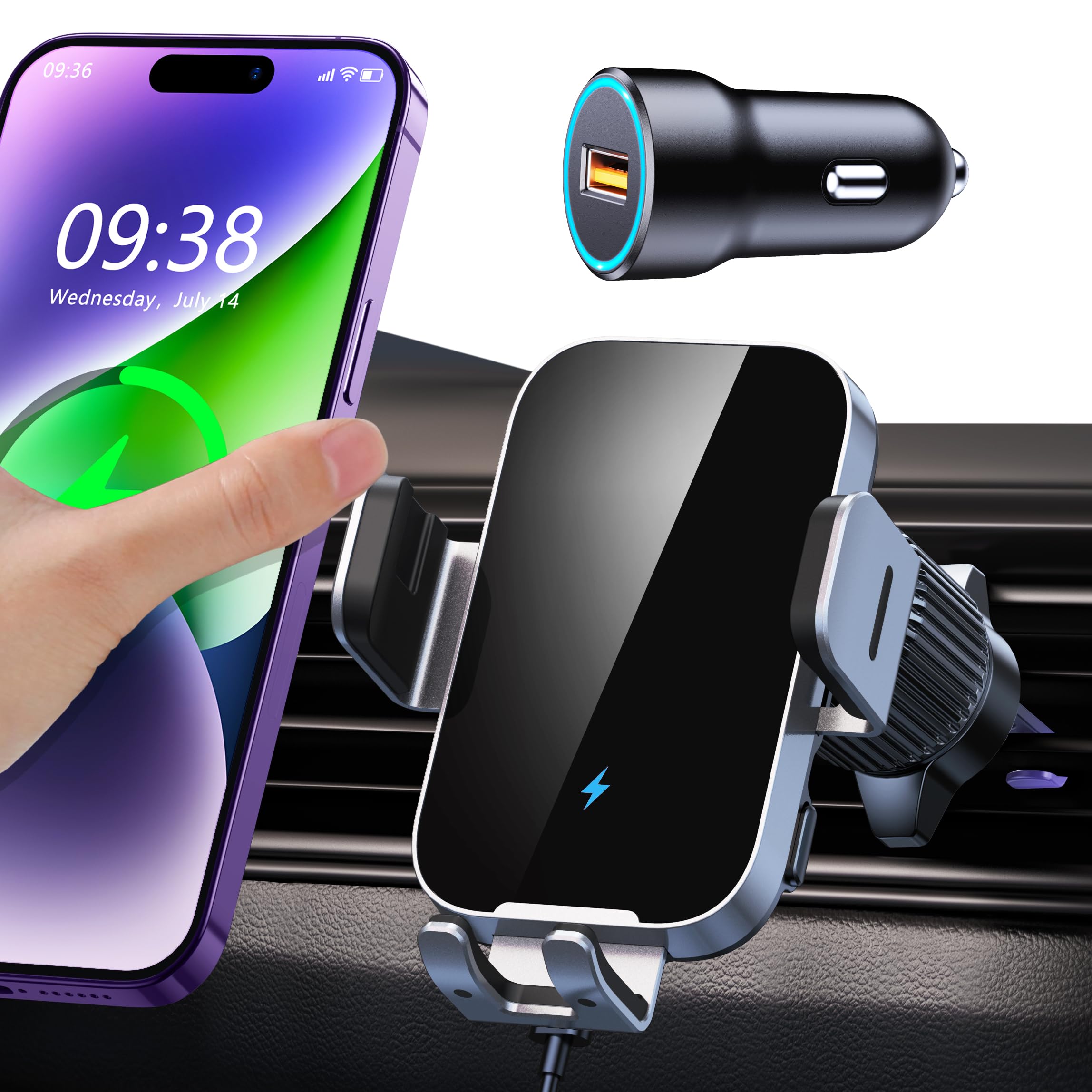 ISEYOU Car Phone Holder Wireless Charger, 15W Fast Charging Auto Clamping Wirele