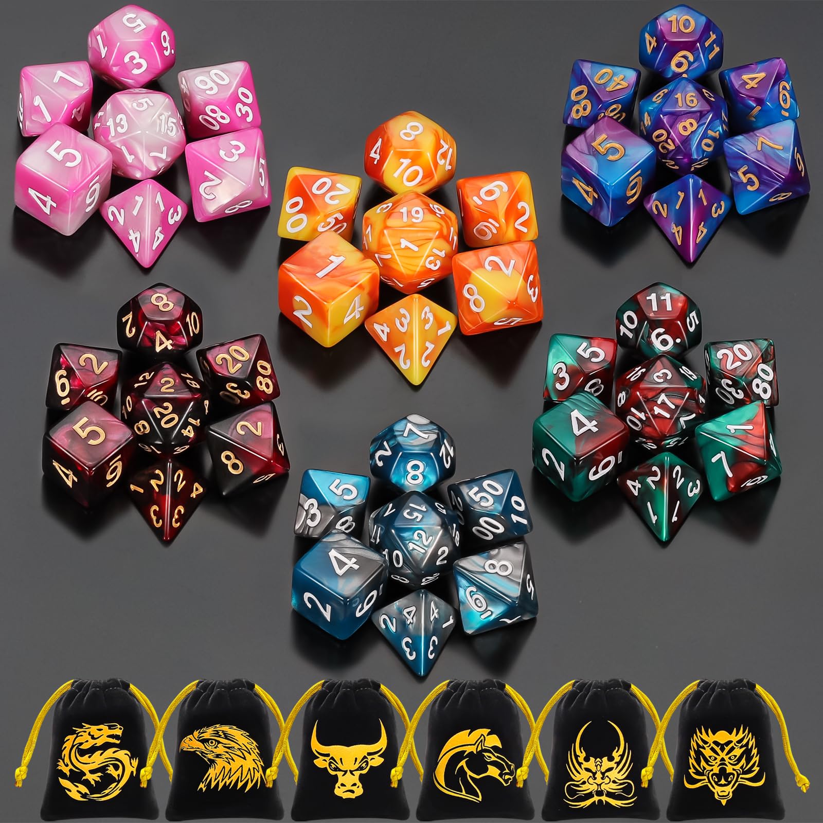 QMay 42 Pcs (6 X 7) Polyhedral Dice - 6 Sets DND Dice + 6 Drawstring Bags
