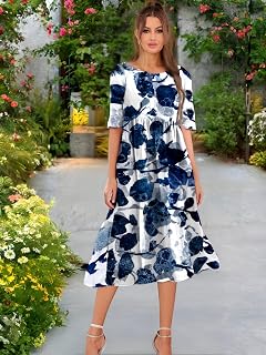 Vestido midi para mujer, estampado floral, casual, ajuste holgado, acampanado, media manga, ligero, para oficina, viajes, citas, fin de semana