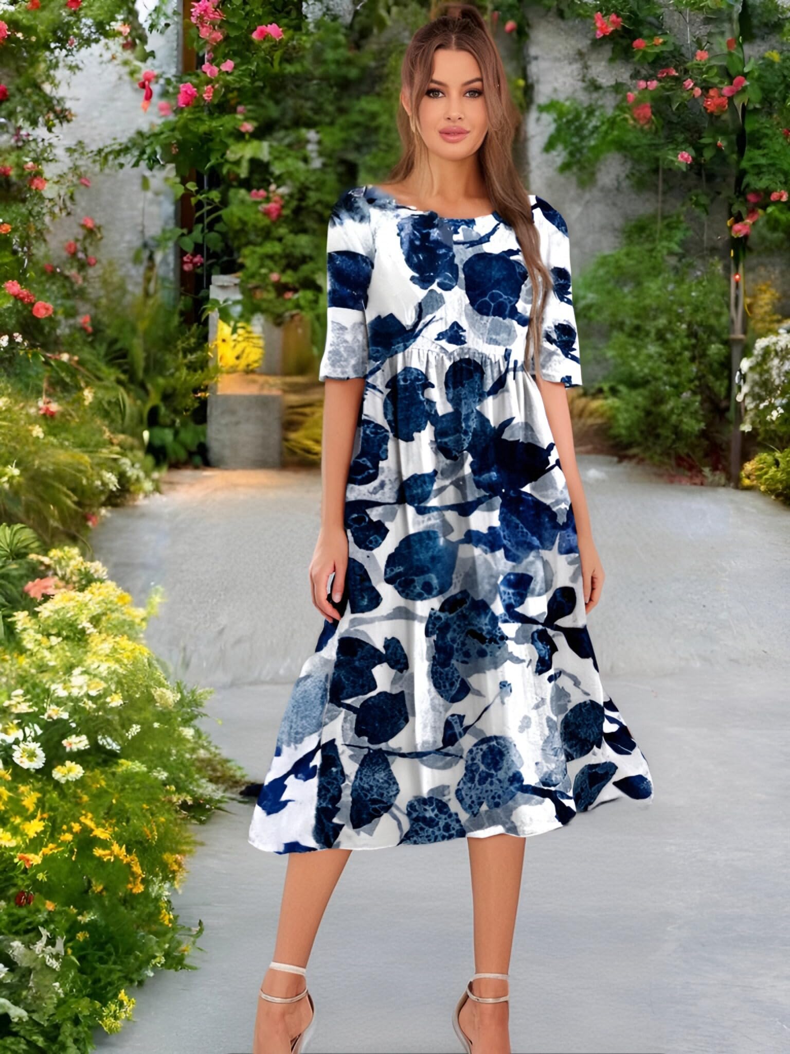 Vestido midi para mujer, estampado floral, casual, ajuste holgado, acampanado, m
