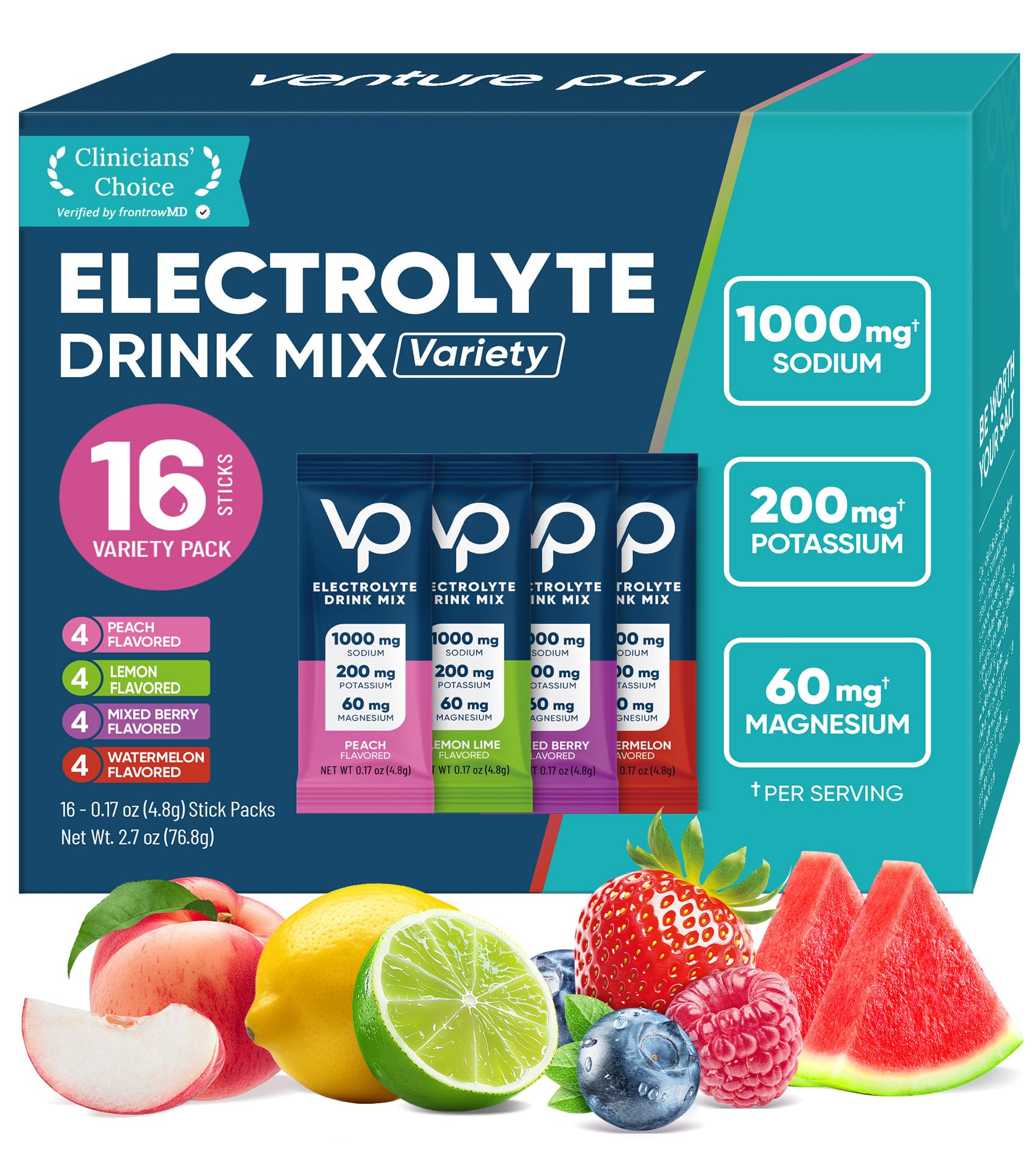 Venture Pal High Sodium Sugar-Free Electrolytes Powder Packets, 16 Sticks | Hydr