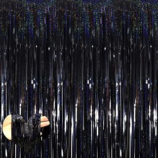 4 Pack New Black Fringe Curtain Backdrop, 3.2Ft x 8.2Ft Sparkle Metallic Tinsel Foil Fringe Streamers Background for Photo Booth Birthday Wedding Baby Shower Party Thanksgiving Christmas Decorations