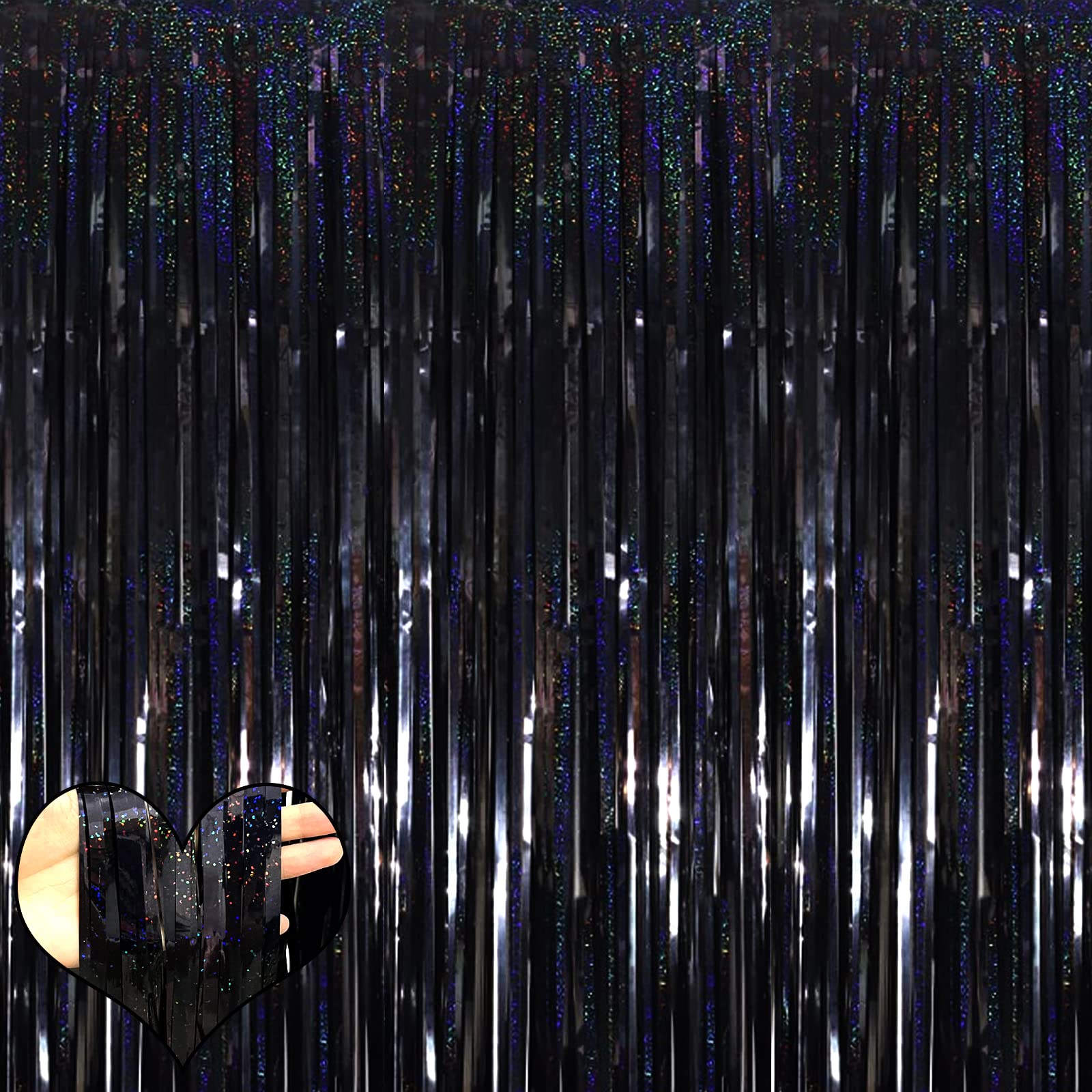 4 Pack New Black Fringe Curtain Backdrop, 3.2Ft x 8.2Ft Sparkle Metallic Tinsel 