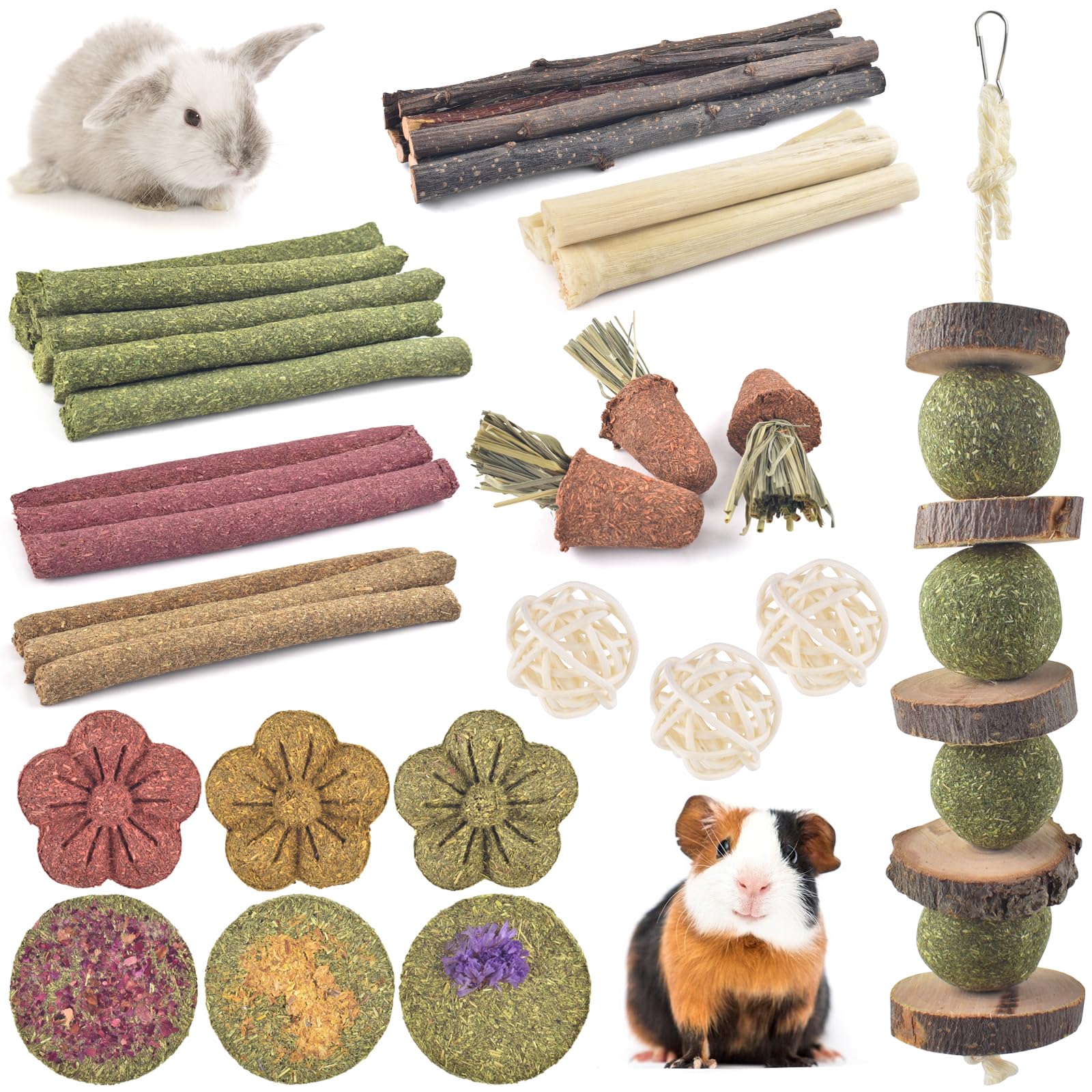 ERKOON Rabbit Toy, 42 Pieces Timothy Hay Sticks Carrots Rose Grass Cake Dental C