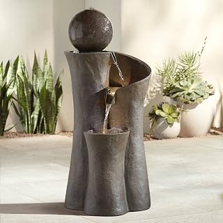 Modern Sphere Curve Cascading 39 1/2" Large LED Outdoor Indoor Fountain | Zen Decor Faux Stone Floor with Light Waterfall Water Feature for Outside Garden Patio Yard Backyard
