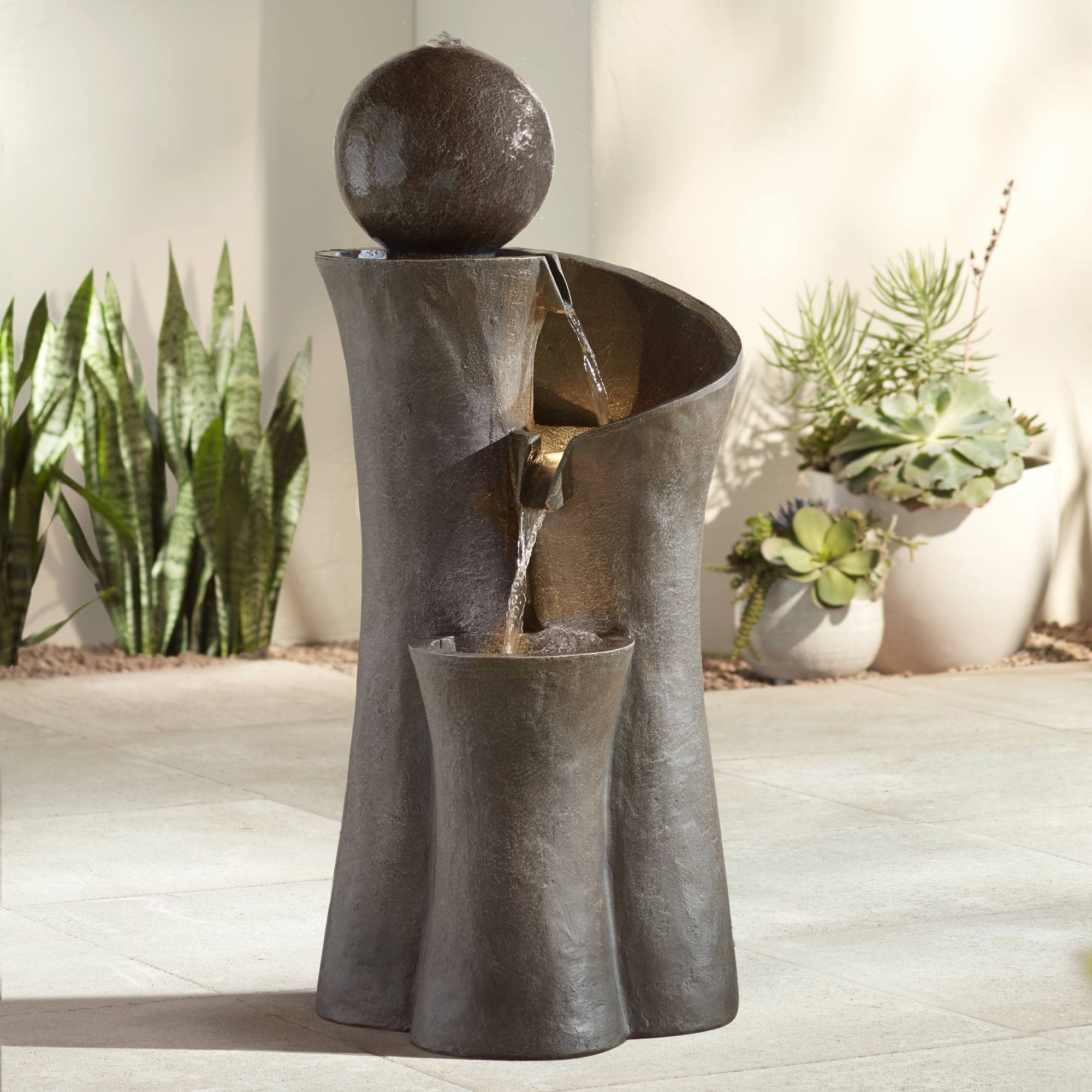 Modern Sphere Curve Cascading 39 1/2" Large LED Outdoor Indoor Fountain | Zen De