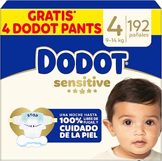 Dodot Sensitive Baby Diapers, Size 4 (9-14 kg), 192 Nappies + 4 Gift Pants | Up to 12h anti-leak protection and skincare, includes 4 free pants to try