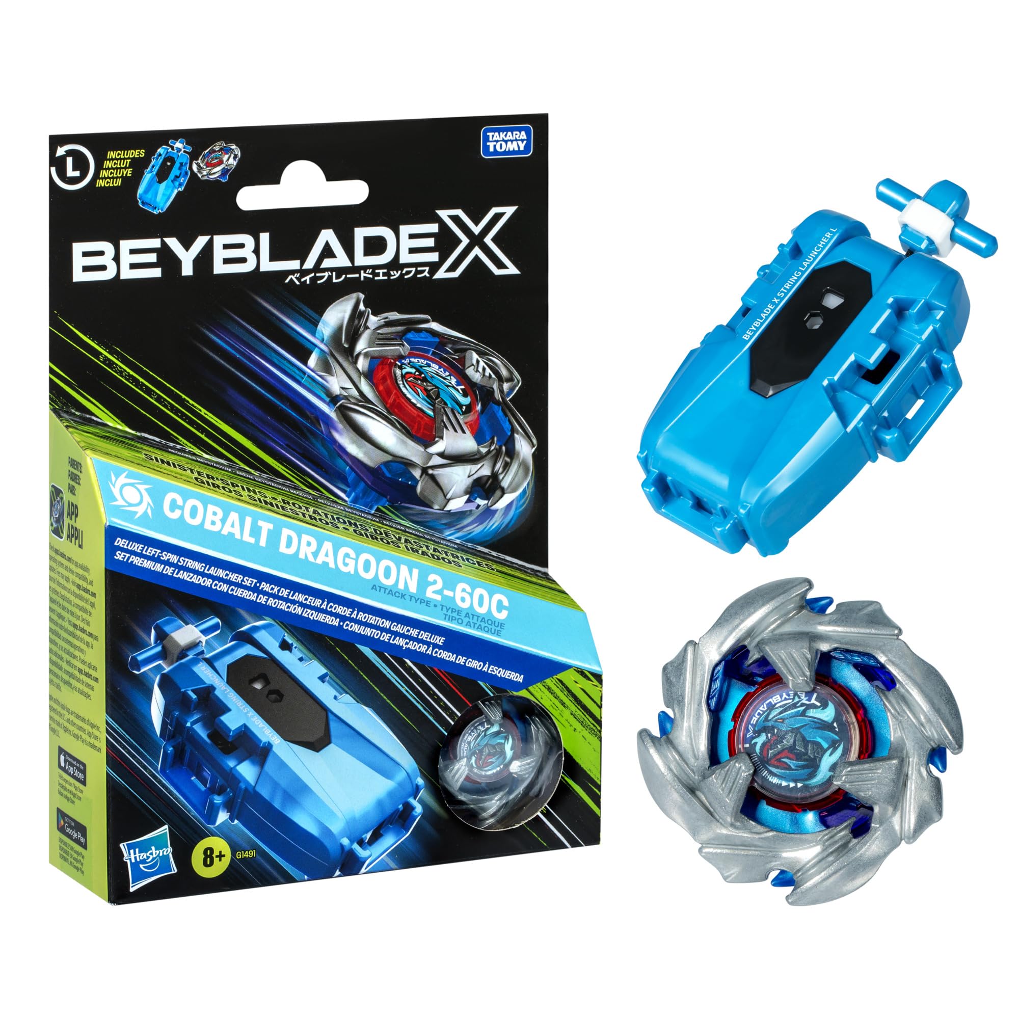 Beyblade X Cobalt Dragoon 2-60C Deluxe Left-Spin String Launcher Set with Attack