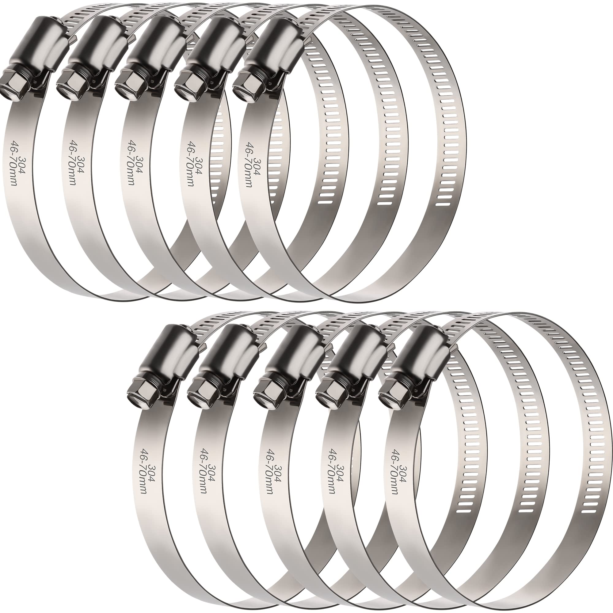OURU 2.5 Inch Hose Clamps, Adjustable 1-13/16"-2-3/4"(46-70mm), 10 PCS | 304 Sta