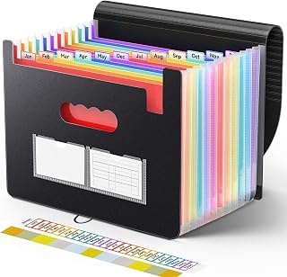 Sooez Accordion File Organizer, 13 Pocket Expanding File Folders, Letter/A4 | Portable Monthly Paper Bill Tax Receipt Organizer, Letter A4 Size Document Holder with Blank Labels
