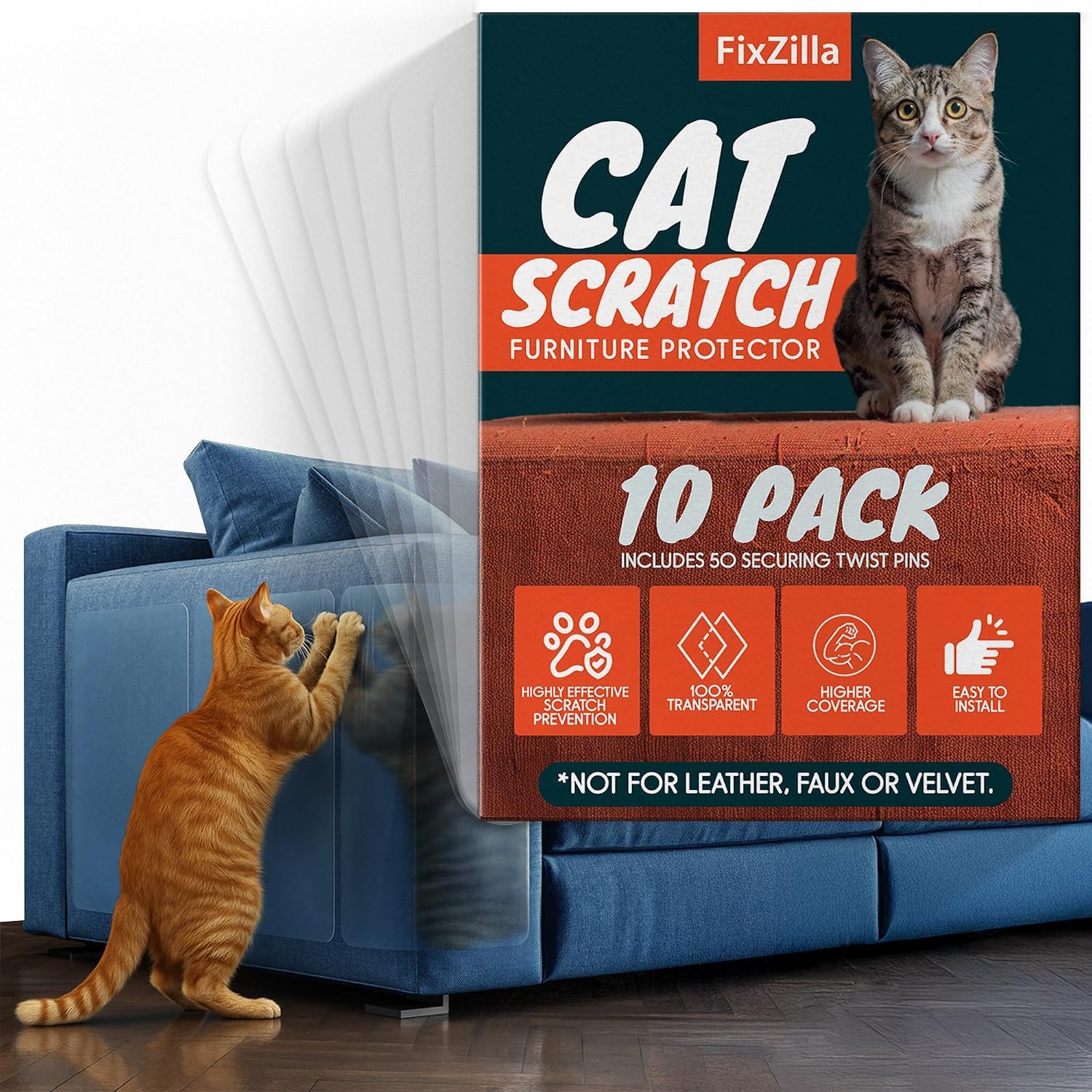 FixZilla Anti Cat Scratch Furniture Protector, 10-Pack Couch Protector from Cat 