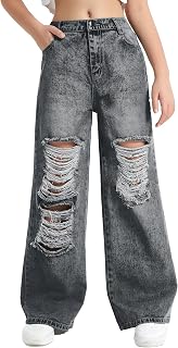 EXARUS Girls Jeans Wide Leg Baggy Pants Ripped Denim Teen 6-16Y