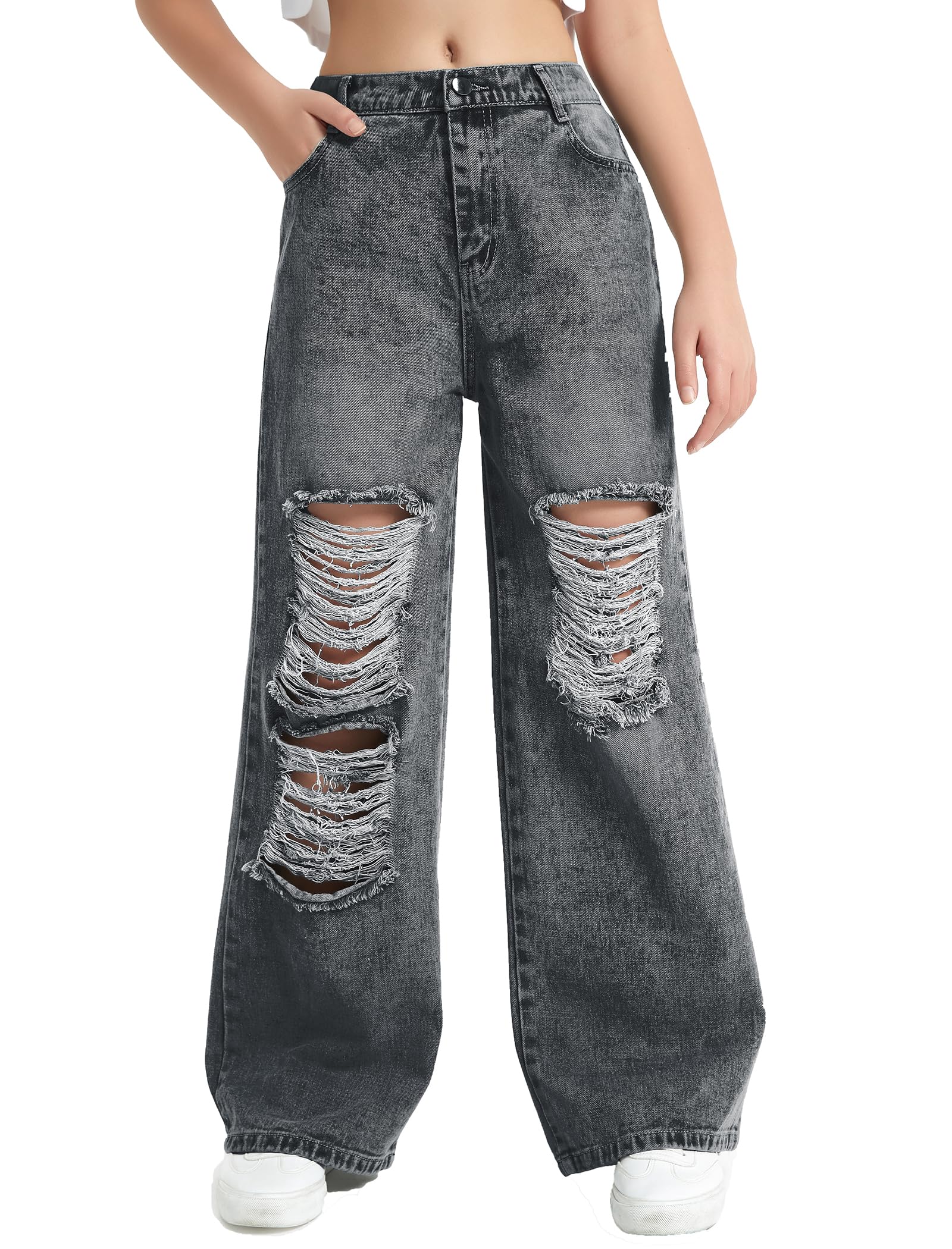 EXARUS Girls Jeans Wide Leg Baggy Pants Ripped Denim Teen 6-16Y