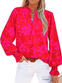 MASCOMODA Womens Boho Floral Long Sleeve Loose Chiffon Blouses