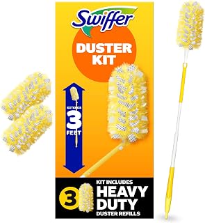 Swiffer Duster Kit with 3 ft Extendable Handle | Includes 1 Duster Extendable Handle (3 ft). 3 Heavy Duty Duster Refills. For Ceiling Fans, Vents, and Hard to Reach Places