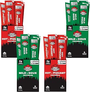 Mild & Hot Pepperoni Sticks Bulk Box, 2x Hot / 2x Mild Bundle 72 x 22g Caddies by Great Canadian Meat, Meat Stick Snacks, Bulk Pepperoni Sticks Box For Carnivores. Perfect For Snacking, High In Protein