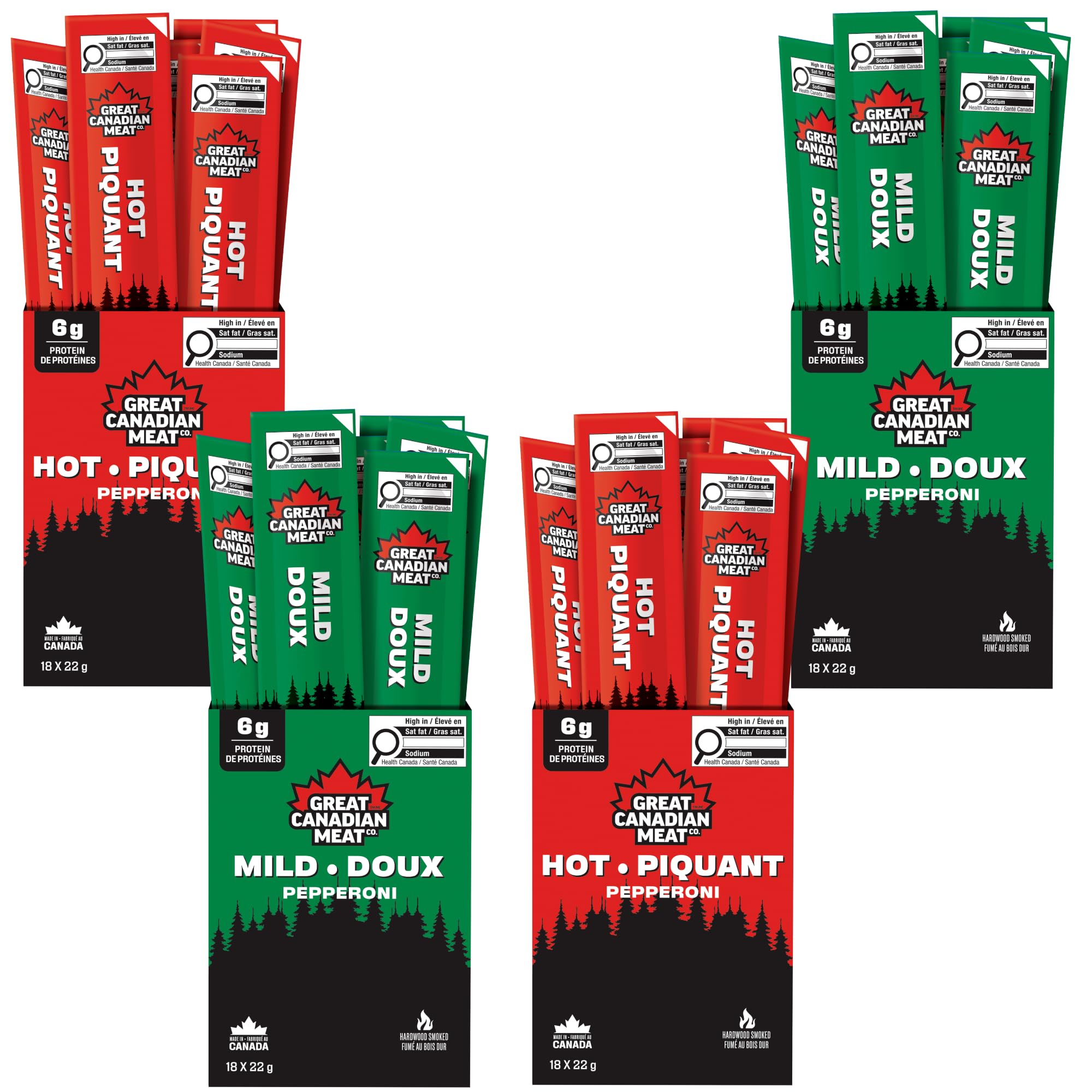 Mild & Hot Pepperoni Sticks Bulk Box, 2x Hot / 2x Mild Bundle 72 x 22g Caddies b